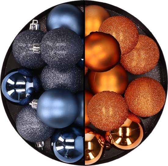 24x stuks kunststof kerstballen mix van donkerblauw en oranje 6 cm - Kerstversiering