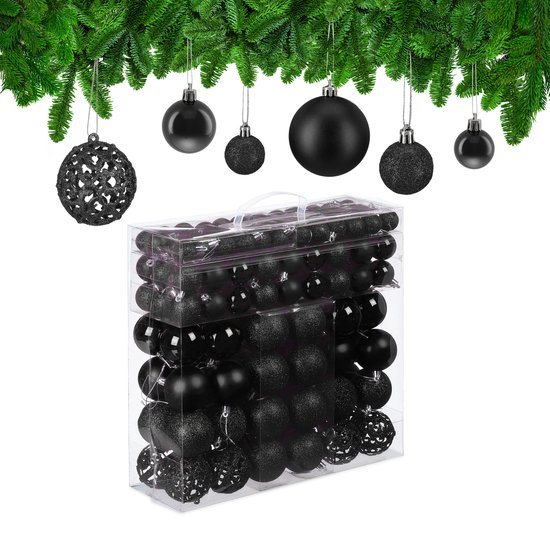 kerstballen - set van 150 - mat - glanzend - glitters - plastic - ∅ 3, 4, 6 cm - zwart