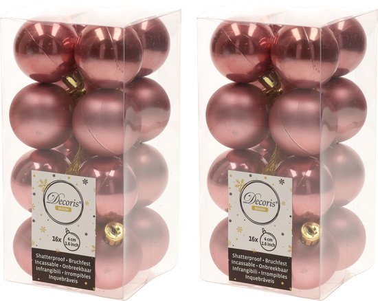 Decoris kleine kerstballen - 32x st - oudroze - 4 cm - kunststof - kerstversiering