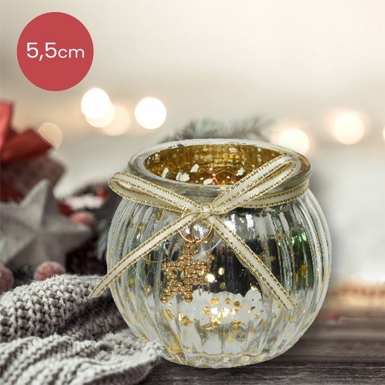 Zilveren glazen waxinelichthouder met ster - Ø6,5 x 5,5 cm - kerstdecoratie - kerst - luxe theelichthouder - voor kaarsjes