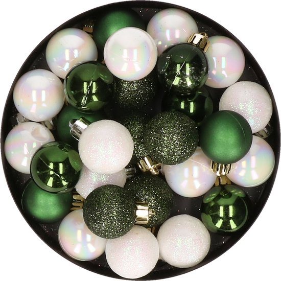 Decoris Mini kerstballen - 28x - parelmoer wit en donkergroen - D3cm - kunststof - onbreekbaar - kerstversiering