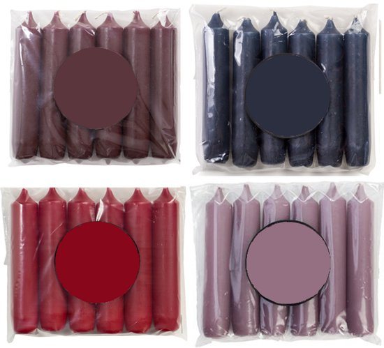 Cactula Korte Dinerkaarsen – 24 Stuks ( 4 x 6 stuks) – Ø 2.1 x 12 cm – Luxe Winter Mood Kleuren: Aubergine, Midnight blue, Rood & Mauve – Trendy Winter 2025/2026