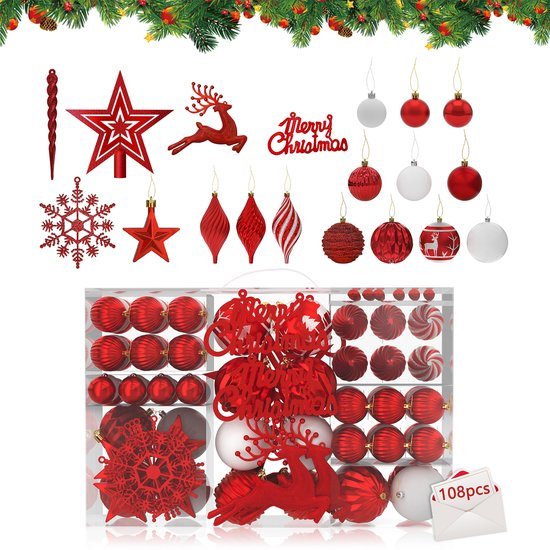 108 Stuks Kerstballen Kleine Kerstboomballen Kunststof Met Hangsluitje Kerstdecoratie Ballen Kerstversiering Decoratie Kerstboomversiering, Rood