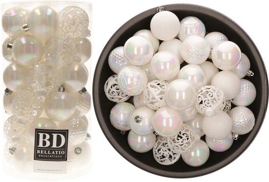 Bellatio Decorations Kerstballen - 74x st - parelmoer wit - D6 cm - kunststof - onbreekbaar - kerstversiering