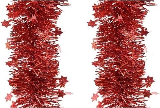 2x stuks kerstslingers glitter sterren rood 10 cm breed x 270 cm - Guirlandes folie lametta - Rode kerstboom versieringen