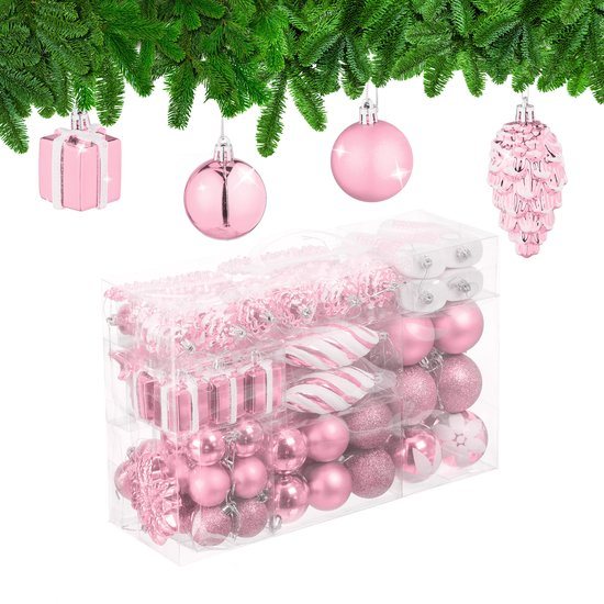 kerstballen - set van 72 - plastic - onbreekbaar - hartjes - sokjes - roze