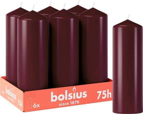 Bolsius - Gladde Stompkaarsen - 6 stuks - Bordeauxrood - 75 branduren - 20 x 6,8 cm