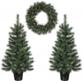 Black Box Trees Glendon Set van 2 Kerstbomen en 1 Krans met LED Verlichting - Groen