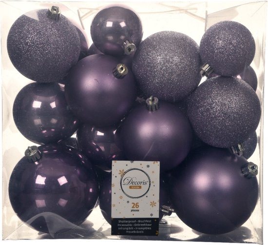 Decoris Kerstballen - 26x st - lila paars - 6-8-10 cm - kunststof - kerstversiering