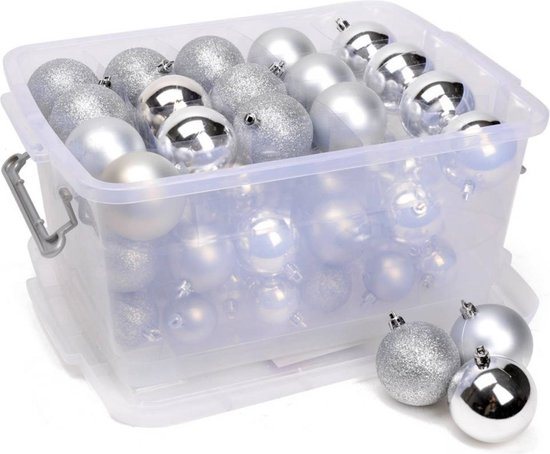 Christmas Gifts Kerstballen Set Zilver 70 Kunststof Kerstballen Met Kerstballen Opbergbox Zilveren Kerstversiering Verschillende Maten Ø4/5/6 CM Afgewerkt in Mat/Glanzend/Glinsterend