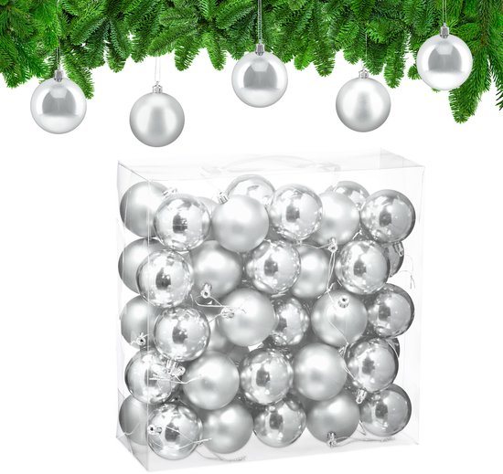 kerstballen set van 50 - Ø 6 cm - glanzend - mat - kunststof - zilver