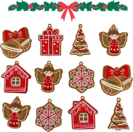 Winkrs - 12x Kerstboomhanger met Engelen, Cadeau, Huisje, Sneeuwvlok - Kerstboom Decoratie - 7 x 6 CM - Kerstboomversiering figuurtjes