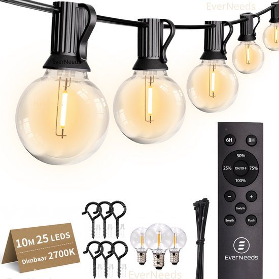EverNeeds G40 Lichtsnoer Buiten - Prikkabel 10m - 25 LED - IP44 - Dimbaar met Afstandsbediening - Lichtslinger - Sfeerverlichting Buiten en Binnen - Warm Wit 2700K - 3 Extra LED’s