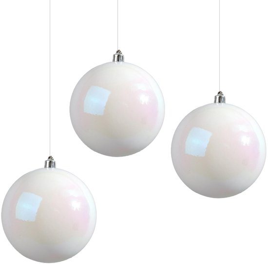 Decoris Kerstbal - 3x stuks - wit parelmoer - groot - 14 cm - kunststof - glans - kerstversiering