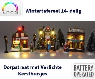 Dorpstraat met Verlichte Kersthuisjes - Wintertafereel- LED -14delig