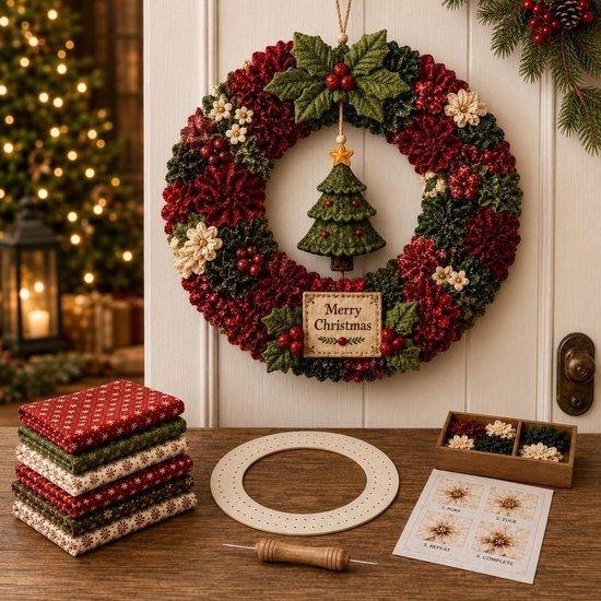 3D Stoffen Kerstkrans DIY Pakket - Complete Set met Alle Benodigdheden - Stijlvolle Wanddecoratie voor de Feestdagen - Creatief & Ontspannend Knutselproject - Incl Instructies - Maak Uw Eigen Unieke Kerstkrans - Stijl C