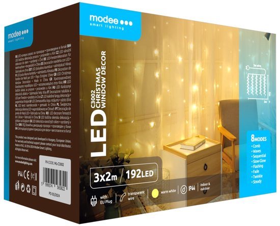 Modee Lichtgordijn 3x2 Meter - Kerstverlichting voor Binnen en Buiten - 192 LED Lampjes - 8 Lichtstanden - IP44 - 2700K - Warm Wit Licht - Per stuk