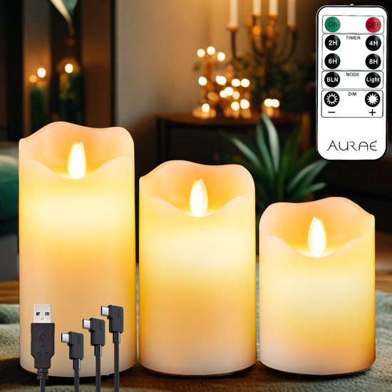 Aurae Oplaadbare Led Kaarsen met Bewegende Vlam - 3x - Echte Wax - 35+ Branduren - Afstandsbediening - Flikkerende Vlam - Oplaadbaar - Timer - Kerst Kaarsen