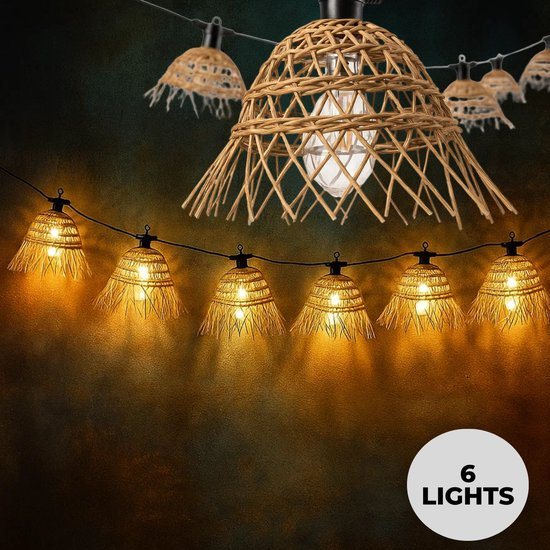 Lomera Lichtsnoer Tuin - Rattan Lampenkappen - Sfeerverlichting LED - Warm Wit Licht - Ip44 voor Buiten - Filament LED - Zwart Snoer - Lichtslinger Buiten - Licht Slinger - Tuinverlichting