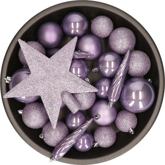 Decoris kerstballen set - 34-dlg - lila paars - incl. piek - kunststof - kerstversiering