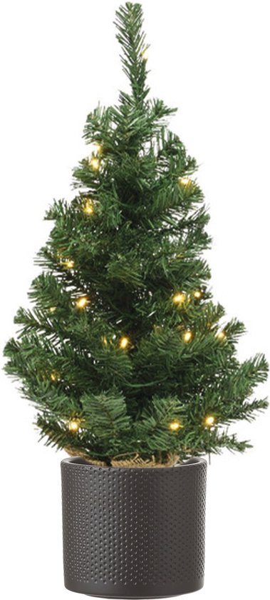 Volle mini kerstboom groen in jute zak met verlichting 60 cm - Inclusief donkergrijze plantenpot 12,5 x 13,5 cm - Kunstboompjes