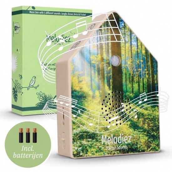 Melodiez Vogelhuisje Met Geluid - Box Incl. Batterijen en 5 Natuurlijke Vogel, Oceaan, krekel en Jungle geluiden - Vogelgeluiden Huisje Voor op Toilet - Vogelgeluiden Huisje met Sensor - Forest Deluxe