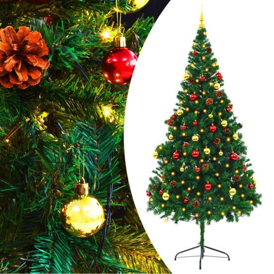 vidaXL - Kunstkerstboom - met - verlichting - en - kerstballen - 210 - cm - groen