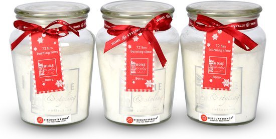 Discountershop Set van 3 Geurige Bessen Kaarsen in Glazen Mason Jar - 72 uur Brandtijd - Ideaal voor Kerstdecoratie en Valentijn Cadeau - Wit