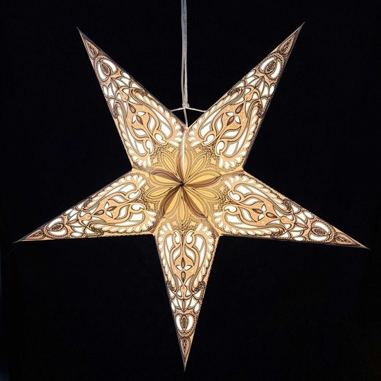 Kerstster papier met verlichting - 60 cm diameter, 24 cm diep - Kerst ster voor binnen - Ganesha Grijs Goud - FSC papier - Incl. 3 m. snoer met stekker, schakelaar en E14-fitting - Kerst Raam decoratie - Kerstversiering - Kerstverlichting