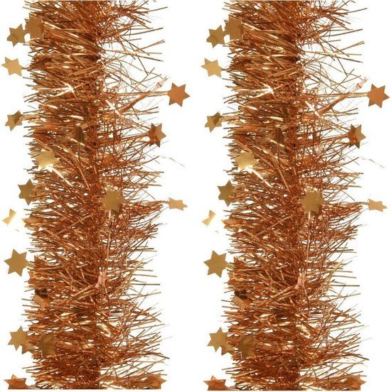2x stuks lametta/folie sterren slingers cognac bruin (amber) 10 cm x 270 cm - kerstslingers/kerst guirlandes