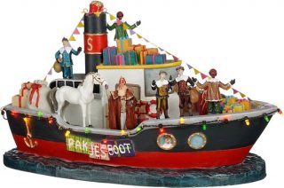 LuVille Sinterklaas Miniatuur Pakjesboot - met LED Verlichting - L33 x B18 x H19 cm