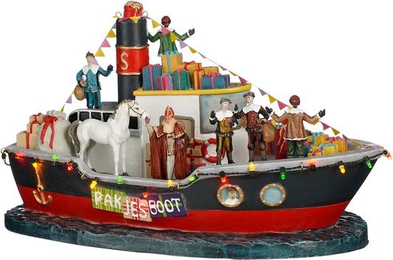 LuVille Sinterklaas Miniatuur Pakjesboot - met LED Verlichting - L33 x B18 x H19 cm