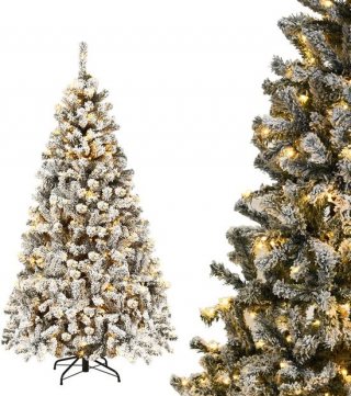 COSTWAY Kunstkerstboom met sneeuw en warmwitte ledverlichting, 180/225 cm, dennenboom met metalen standaard, kerstboom pvc-naalden, kunstboom, Kerstmis, klapsysteem (180 cm)