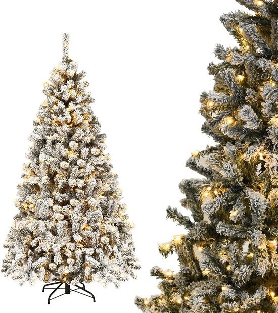 COSTWAY Kunstkerstboom met sneeuw en warmwitte ledverlichting, 180/225 cm, dennenboom met metalen standaard, kerstboom pvc-naalden, kunstboom, Kerstmis, klapsysteem (180 cm)
