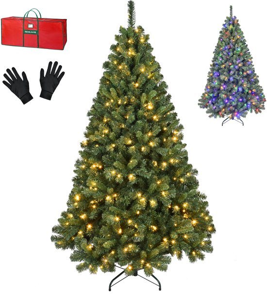 PristinePine Volle kerstboom met verlichting (280 LED lampjes) - 180 cm Kunstkerstboom inclusief opbergtas en handschoenen - Gekleurde lichtjes - 980 Takken