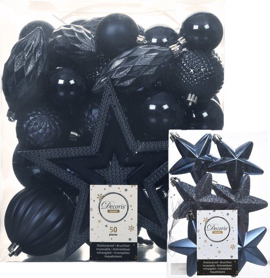 Kerstballen, kerstornamenten en piek - 56x stuks - donkerblauw - kunststof