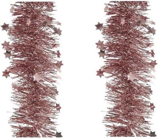 2x stuks kerstslingers sterren oud roze 10 cm breed x 270 cm - Guirlandes folie lametta - Oud roze kerstboom versieringen