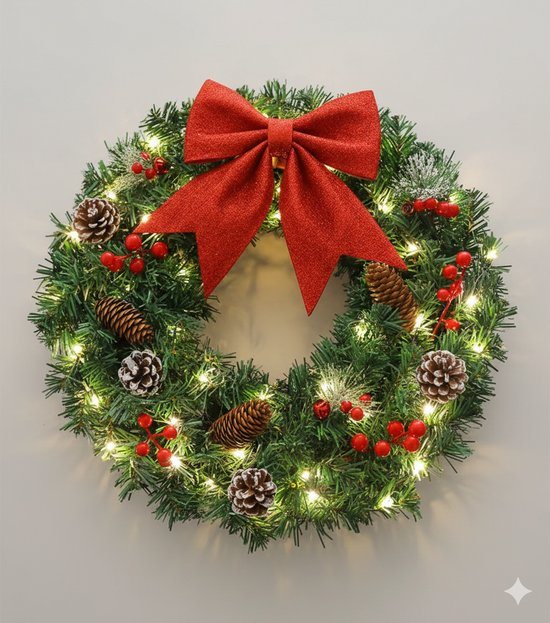 Modeva Store - Luxe Kerstkrans met LED Verlichting - 50cm- Grote Rode Glitter Strik & Dennenappels