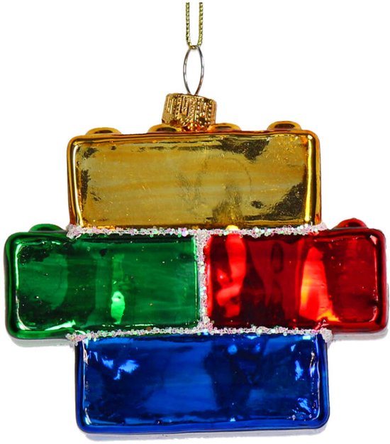 HD Collection – Glazen Kerstornament Hanger – Lego Blokjes – 7,9 cm – Kleurrijke Speelse Kerstdecoratie