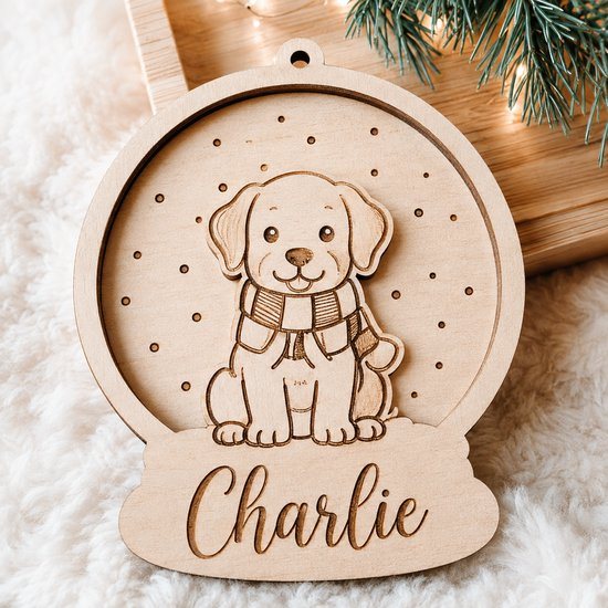 Set van 2 Gepersonaliseerde Houten Kersthangers voor Honden – Unieke Kerstornamenten met Naam – Hond met Sjaal & Sneeuwvlokjes – Natuurlijk Hout – Persoonlijk Kerstcadeau voor Hondenliefhebbers – 5 mm Hout – Handgemaakt & Laser Gegraveerd