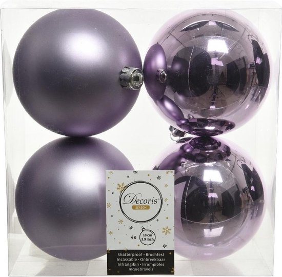Decoris Grote kerstballen - 4x st - lila paars - 10 cm - kunststof - mat/glans