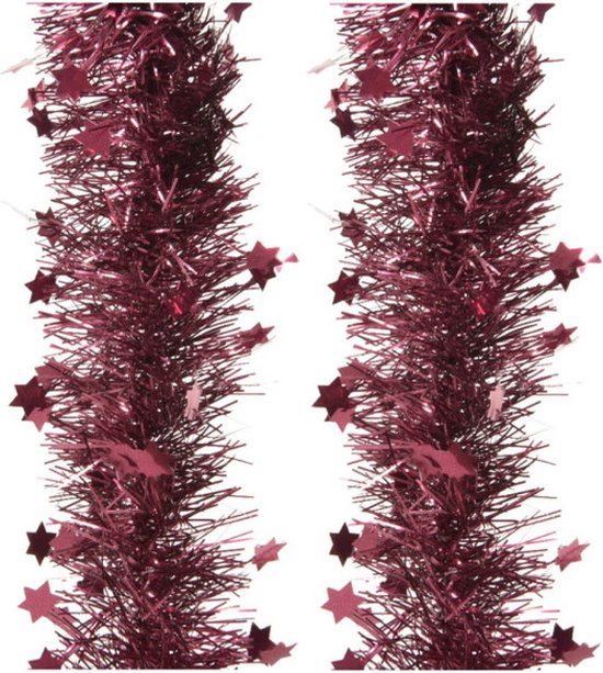 2x stuks lametta/folie sterren slingers framboos roze (magnolia) 10 cm x 270 cm - kerstslingers/kerst guirlandes