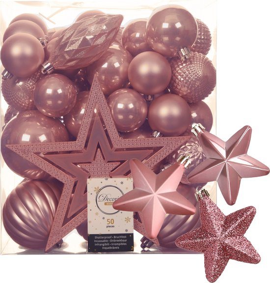 Kerstballen, kerstornamenten en piek - 56x stuks - lichtroze - kunststof