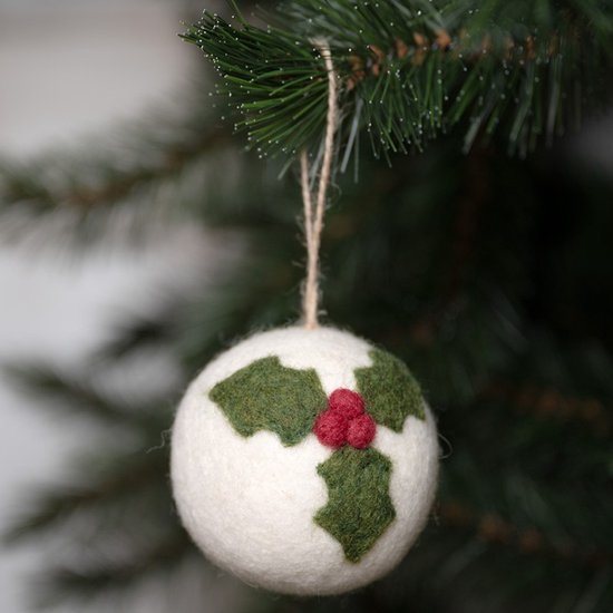 Kerstbal Vilt Rond - Holly Berry - 8cm - Fairtrade