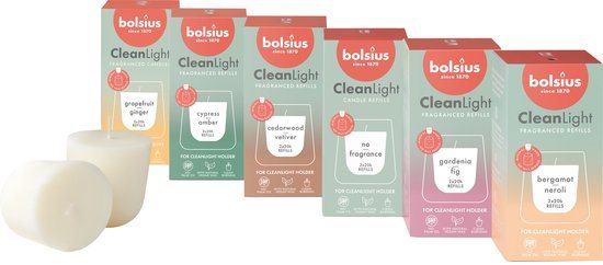 Bolsius - CleanLight Refill Set - 12 (on)gegeurde Navullingen - Diverse geuren - Navulbare Geurkaarsen