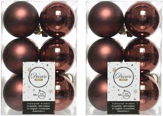 Decoris kerstballen - 24x - mahonie bruin - 6 cm - kunststof - Onbreekbare plastic kerstballen - Kerstboomversiering mahonie bruin