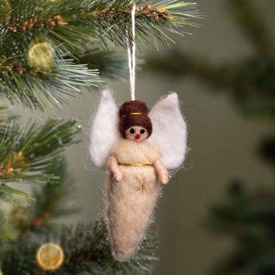 Wolvilt Hanger Engeltje Kerst - Beige - Fairtrade Homedeco - 13x7cm