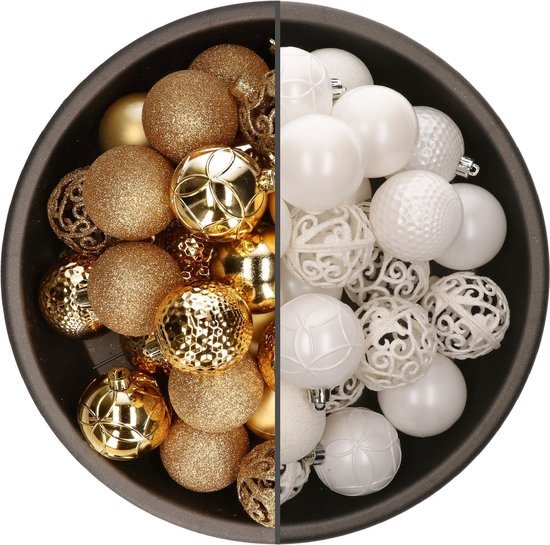 Bellatio Decorations Kerstballen mix - 74-delig - goud en wit - 6 cm - kunststof