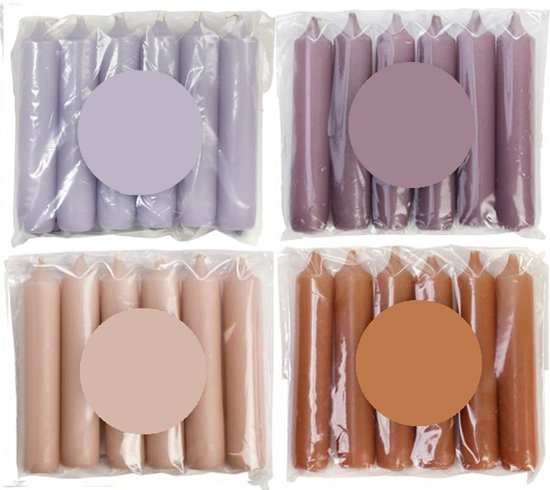 Cactula luxe gekleurde korte dinerkaarsen in Trendy Winter 2025 2026 kleuren! 4 pakjes van 6 kaarsen in de kleur Human - Lila Mauve Siena Blossom 2.1 x 12 cm