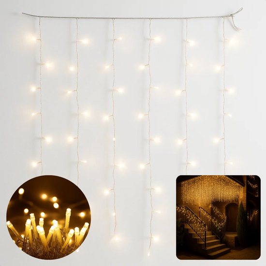 Cheqo® LED Gordijnverlichting - 240 LED Lampjes - 200x150 cm - Kerstverlichting - Binnen En Buiten - Transparant Snoer - IP-44 Adapter - 12 Functies Controller - Geheugenfunctie - 16 Strengen - 150 cm Lang - Wit Licht - 5 Meter Aansluitsnoer